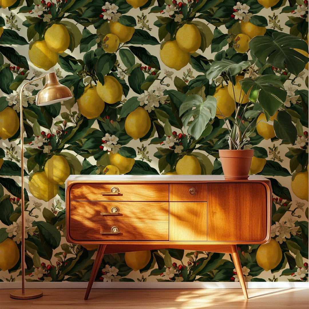 add a touch of nature to your kitchen with citrus... Lemon Wallpaper, Citrus Botanical Pattern, Mediterranean Kitchen Decor ...