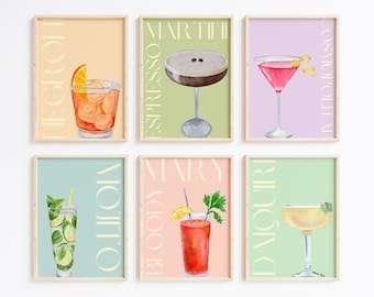 Set of 6 Cocktail Prints | Negroni, Espresso Martini, Cosmopolitan, Mojito, Bloody Mary, Daiquiri Retro Prints | Digital Download