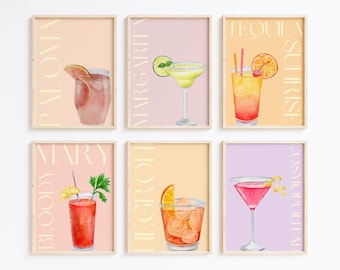 Set of 6 Cocktail Prints Pink Collection | Paloma, Margarita, Tequila Sunrise, Bloody Mary, Negroni, Cosmopolitan | Digital Download