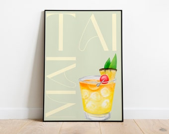 Mai Tai Cocktail Print | Green Minimalist Retro Print | Digital Download