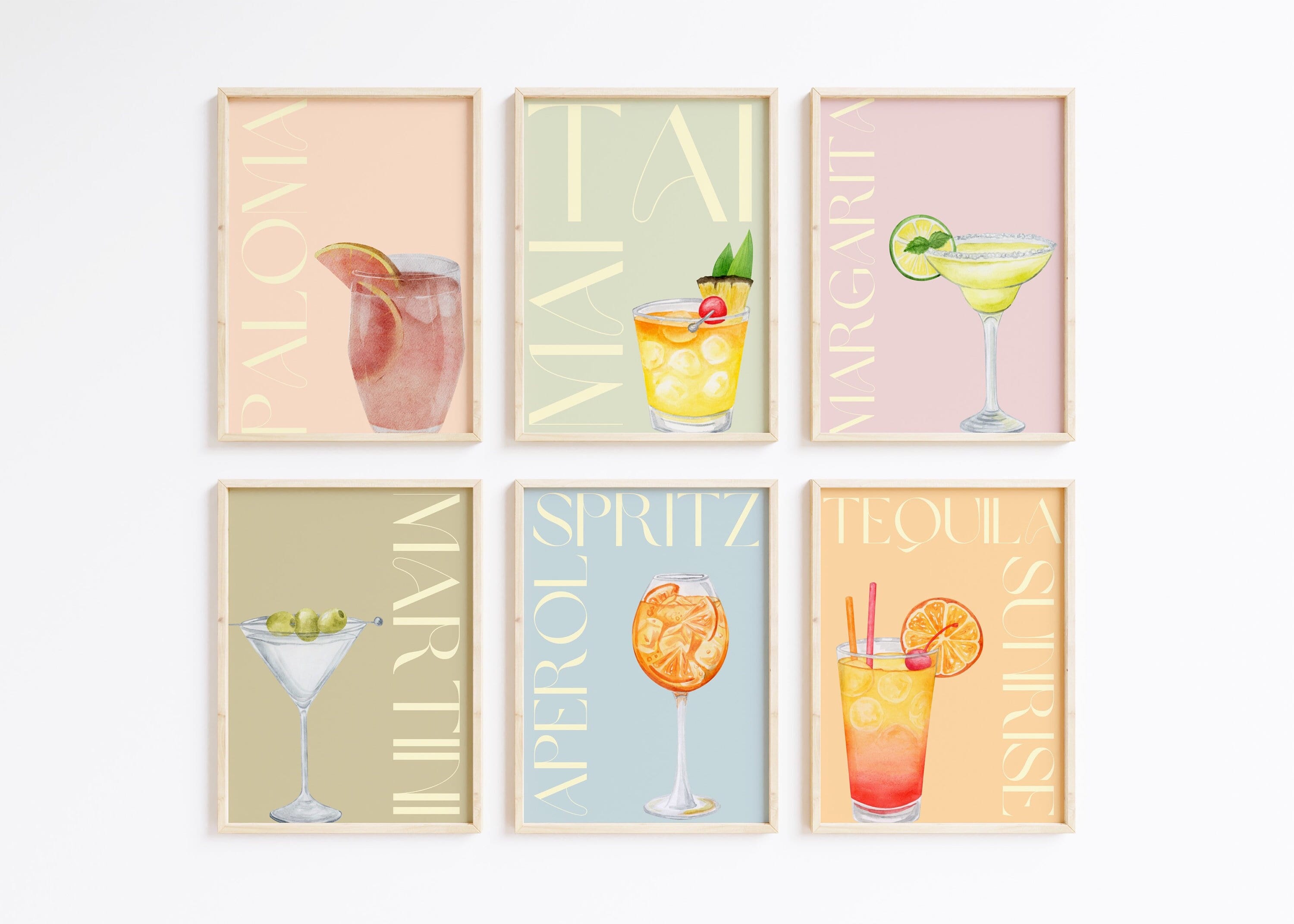 Set of 6 Cocktail Prints | Paloma, Mai Tai, Margarita, Martini, Aperol Spritz, Tequila Sunrise Retro Prints | Digital Download