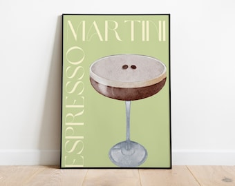 Espresso Martini Cocktail Print | Green Minimalist Retro Print | Digital Download