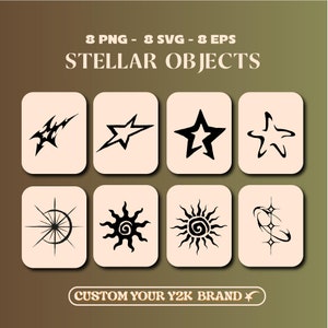 Peut inclure: Un ensemble de huit illustrations vectorielles en noir et blanc d'étoiles, de soleils et d'autres objets célestes. Les illustrations sont disposées en grille de trois rangées et quatre colonnes. Le texte "8 PNG - 8 SVG - 8 EPS STELLAR OBJECTS CUSTOM YOUR Y2K BRAND" est en bas de l'image.