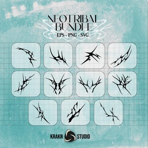 May include: A set of 12 black and white tribal design elements. The designs are arranged in a grid pattern on a blue and white grid background. The text "NEOTRIBAL BUNDLE" is at the top of the image. The text "EPS - PNG - SVG" is below the title. The text "KRAKN STUDIO" is at the bottom of the image.