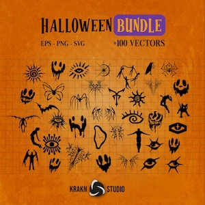 Bundle 100 vecteurs Halloween en SVG/PNG pour découpe laser, t-shirts ou home decor. Téléchargement instantané. CyberSigilism Bundle !