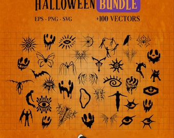 Bündeln Sie 100 Halloween-Vektoren im SVG/PNG-Format zum Laserschneiden, für T-Shirts oder als Heimdekoration. Sofortiger Download. CyberSigilism-Paket!