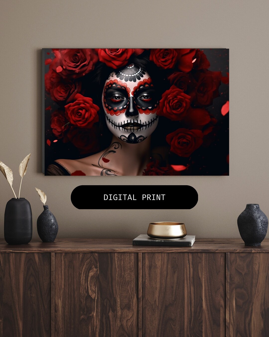Sugar Skulls and Red Roses Day of the Dead Artwork Photography Día De ...