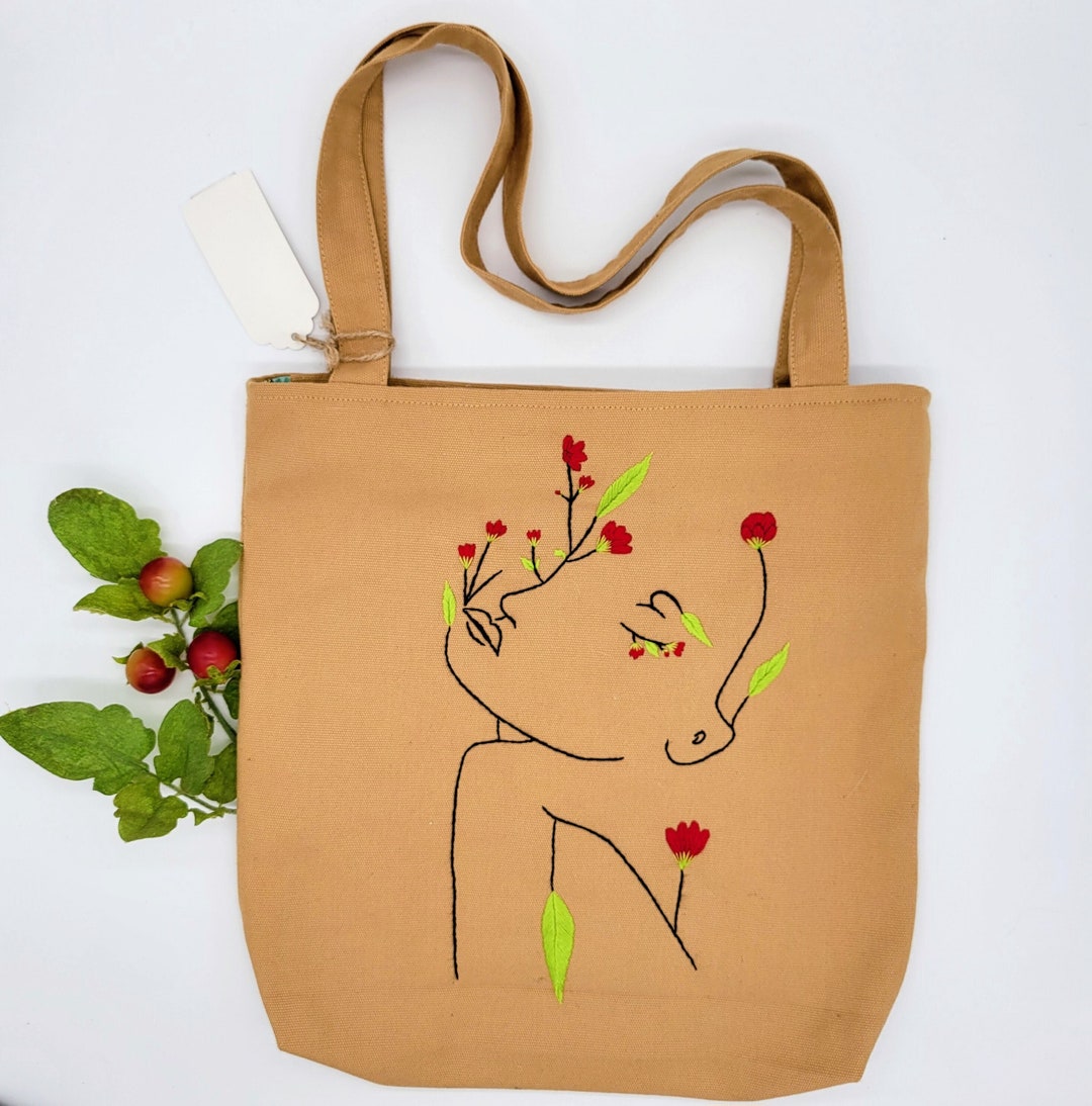 Hand Embroidered Canvas Tote Bag/ Girl's Face Embroidery Etsy