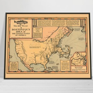Vista bostoniana del mapa de los Estados Unidos, réplica de 1930, impresión en papel mate de calidad de museo con tintas de archivo, envío gratuito