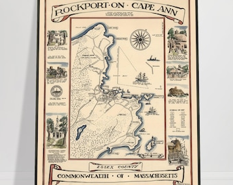 ROCKPORT & CAPE ANN Massachusetts Replica Illustrated Map 1940 - Coastal and Shoreline Nautical Decor - Free Shipping Included