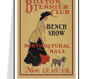 BOSTON TERRIER DOG Vintage Print Reproduction, Circa 1890, Woman Walking her Dog, Belle Epoque Era, Victorian Europe, Ships for Free