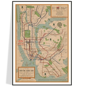 Mapa antigo do metrô de Nova York, mapa antigo do sistema de metrô de Nova York de 1954, bairros de Nova York, Manhattan, Queens, Brooklyn, The Bronx. Frete grátis.