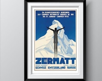 SKI JUMPING Vintage Travel Poster Zermatt Switzerland 1932, Art Deco Skiing Wall Decor Print, Old Tourism Ads, Ski Lodge Decor, Ships Free