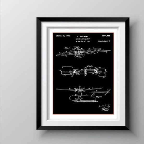 VINTAGE PATENT PRINT, Direct Lift Aircraft, 1935 Sikorsky Helicopter Patent, Patent Poster Wall Art, Vintage Helicopter Art, Aviation Art