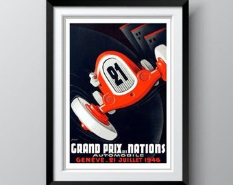 1946 Grand Prix of Nations Vintage Auto Racing Poster, Geneva, Switzerland, Car Racing Poster, Automotive Themed Wall Art Decor, Ships Free