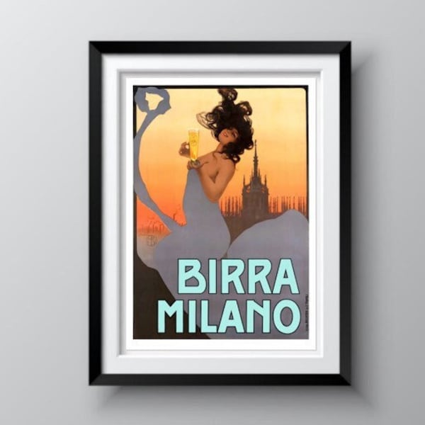 Art Nouveau Print, Birra Milano 1920, Vintage Italian Beer Poster, Home or Office Wall Art Decor, Valentine's Day Gift Idea, Ships Free