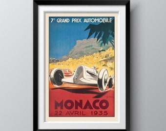 Monaco Grand Prix 1935 Vintage Poster, Race Car Wall Print, Gift for Race Fan, Fine Art Print, Large Monaco Motor Racing Poster, Ships Free