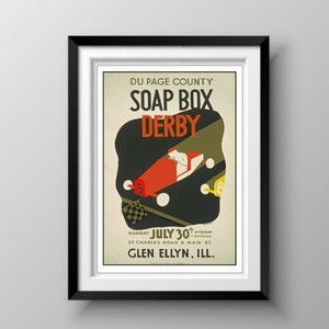 Plakat Soap Box Derby 1939 Vintage Poster Reproduction, zwycięzca Red Derby Racer, WPA Federal Art Project, Glen Ellyn, Illinois, wysyłka bezpłatna