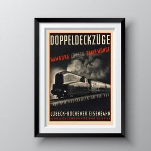 GERMAN RAILROAD Vintage Travel poster, Lubeck-Hamburg Railway, Schleswig-Holstein, Germany, Art Deco, Christmast Gife Idea, Ships for Free