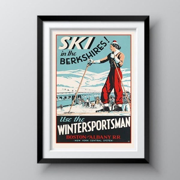 SKI THE BERKSHIRES, 1936 Vintage Travel Poster, Skiing Art Wall Decor, Print Tourism Ads, Ski Lodge Decor, Ships Free