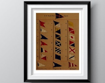 Vintage Nautical Decor 1874, Yacht Racing Signal Flags Chart, Replica Print, New York Yacht Club Race Committee Boat Signals, Ships Free