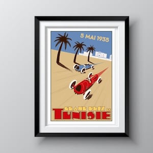 Vintage Car Racing Poster, 1935 Tunis Grand Prix Wall Print, International Formula 1 Racing Circuit, Gift for Race Fan, Ships for Free