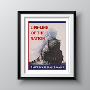 VINTAGE AMERICAN RAILROAD, 1942 Rail Freight poster, Steam Locomotive, Boxcars and Caboose, Train Stations, Wall Decor Ideas, Christmas Gift