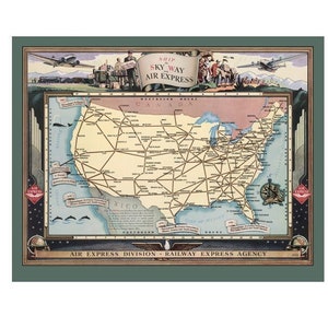 Mapa de rotas ilustrado vintage AIR RAILWAY EXPRESS 1941 impresso em papel fosco de qualidade de museu Tamanhos 11x14 12x16 18x24 30x40