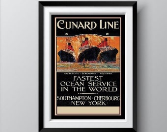 Vintage Cunard Line Passenger Ship Poster, Antique 1912, Vintage Ocean Liner, Reproduction Print, Lusitania Sister Ship, Free Shipping.