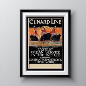 Vintages Cunard Line passagier Schiff Poster, Antik 1912, Vintage Ozeandampfer, Reproduktionsdruck, Lusitania Schwesterschiff, kostenloser Versand.