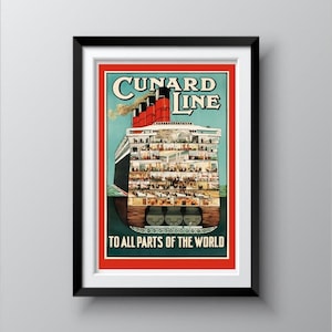 Vista recortada de un barco de pasajeros vintage, reproducción de carteles antiguos de 1912, línea Cunard vintage, transatlántico, crucero antiguo. Se envía gratis.