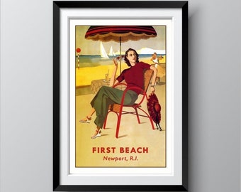 Erstes Strand Newport Rhode Island Vintage-Tourismus-Plakat Reproduziert auf Museum-Grade 250-GSM Matte Papier & Archival Inks Kostenloser Versand
