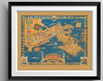 NEWPORT RHODE ISLAND Vintage Souvenir Map 1945 Replica Printed on Museum Quality Matte Paper with Archival Inks Free Shipping Included