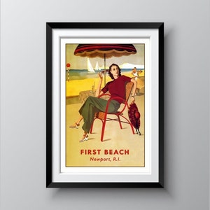 Cartel de turismo vintage de First Beach Newport Rhode Island reproducido en papel mate de calidad museística 250 GSM y tintas de archivo Envío gratuito