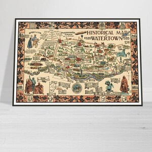 Vintages Plakat von 1930 von Watertown Massachusetts illustrierte Karte, kostenloser Versand inklusive, Geschenkidee für Hauswanddekor oder Einweihungsgeschenk