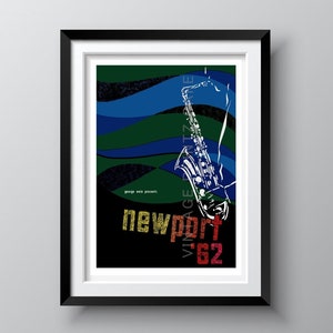 Newport Jazz Festival 1962 Vintage Poster, Newport Rhode Island, featuring Louis Armstrong, Charlie Mingus, Sonny Rollins, Free Shipping