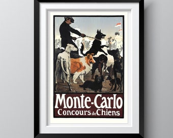 DOG SHOW Vintage Poster 1905, Monte Carlo Monaco, Museum Quality Reproduction Print, Belle Epoque Europe and France, Free Shipping