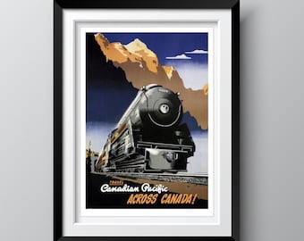VINTAGE CANADIAN PACIFIC Railroad Travel Art 1950s, Travel Poster for Canada, Train Speeding Through Canadian Rockies, Free Shipping