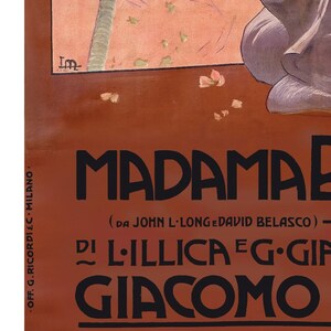 May include: A vintage poster advertising the opera "Madame Butterfly" by Giacomo Puccini, featuring a woman in a purple dress and a red background. The text on the poster reads "Madame Butterfly (Da John L'Longe David Belasco) - Di L'Illica e G. Giacoma G. Ricordi."