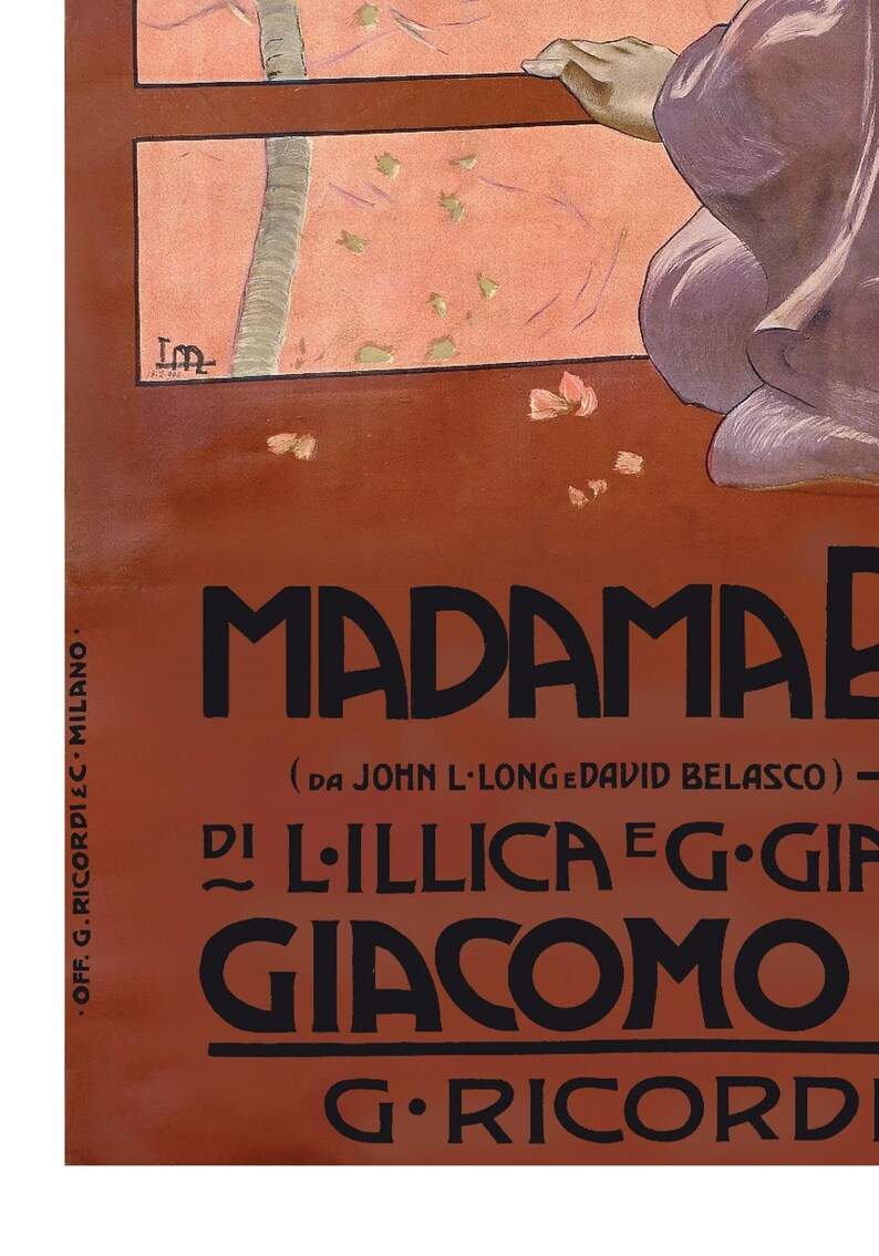 May include: A vintage poster advertising the opera "Madame Butterfly" by Giacomo Puccini, featuring a woman in a purple dress and a red background. The text on the poster reads "Madame Butterfly (Da John L'Longe David Belasco) - Di L'Illica e G. Giacoma G. Ricordi."