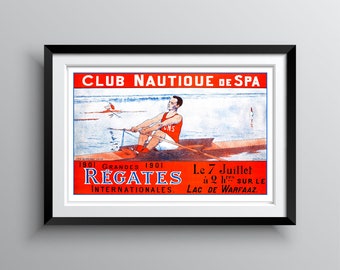 VINTAGE INTERNATIONAL ROWING Regatta Poster, 1901, Nautical Club of Spa Belgium, Crew Shell Racing Held at Lac de Warfaaz, Ships for Free