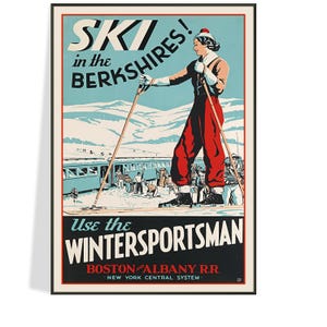 SKI THE BERKSHIRES 1936 vintage skiposterprint, Butternut, Jiminy Peak, Berkshire East & Bosquet, retro New England skikunst, gratis verzending
