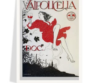 Póster vintage de vino Valpolicella - Obra de Milo Manara de la década de 1970, arte de vino tinto italiano para decoración retro de cocinas y bares. Envío gratuito.