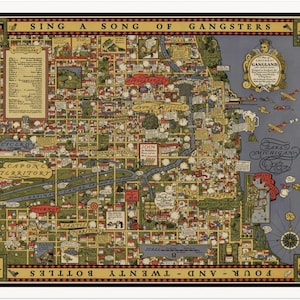 affiche de carte illustrée des gangs de Chicago des années 1930, livraison gratuite, détails Al Capone, Petite Italie, Petite Sicile, territoire d'O'Donnell