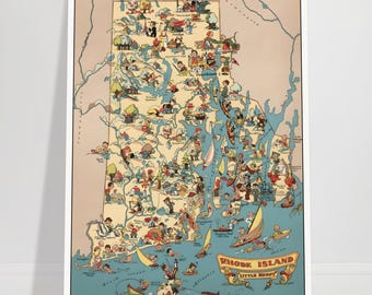 RHODE ISLAND Mappa illustrata d'epoca 1935, replica restaurata stampata su carta opaca di qualità museale con inchiostri d'archivio, spedizione gratuita inclusa