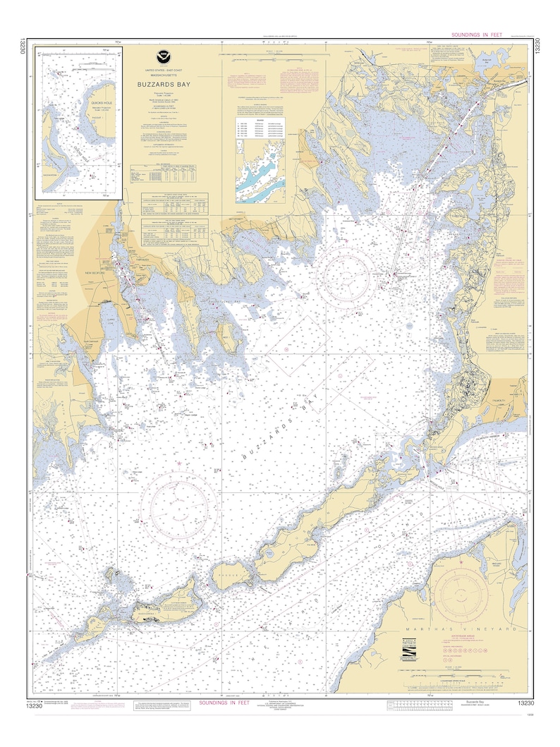 BUZZARDS BAY NAUTICAL Map Replica Print 1977, From Onset to Padanarum ...