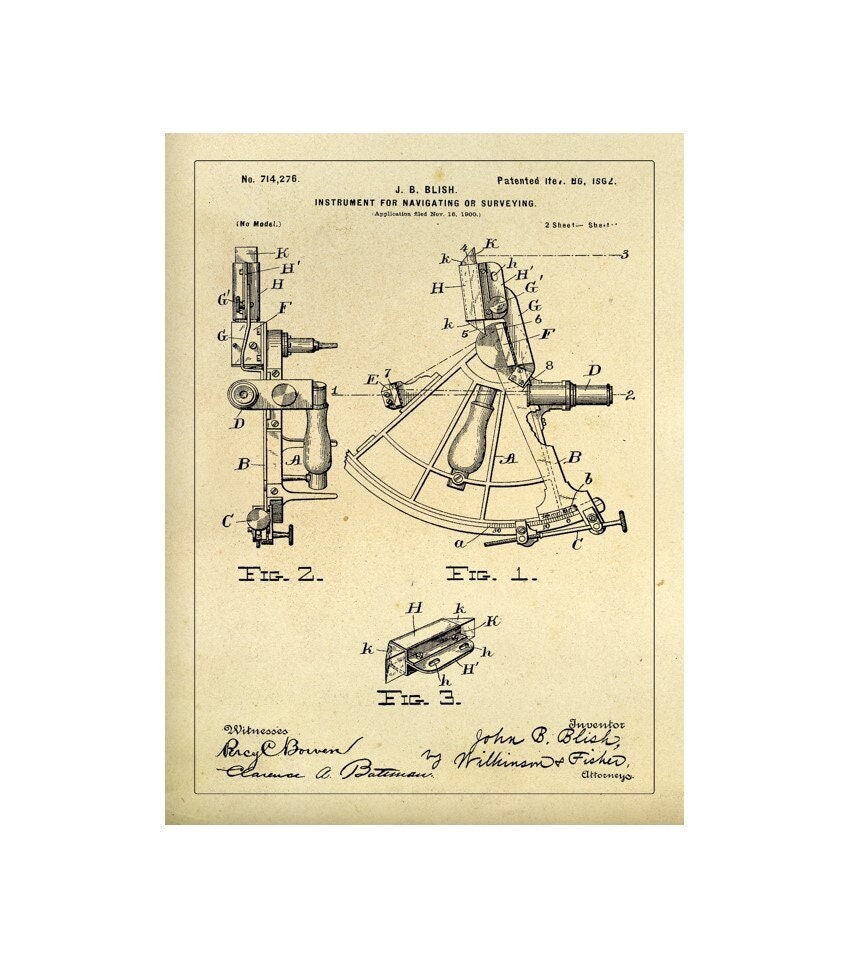 INTAGE SEXTANT PATENT Replica Print 1900 - Nautical Navigation Decor for Home, Office, Den or Apartment Walls - Free Shipping Included