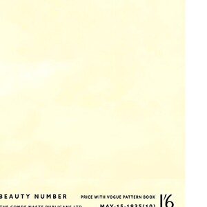 May include: A vintage magazine cover with the text "BEAUTY NUMBER" and "PRICE WITH VOGUE PATTERN BOOK". The publication date is May 15, 1935. The cover is a pale yellow color.