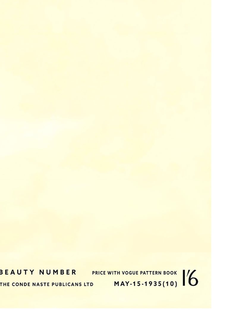 May include: A vintage magazine cover with the text "BEAUTY NUMBER" and "PRICE WITH VOGUE PATTERN BOOK". The publication date is May 15, 1935. The cover is a pale yellow color.