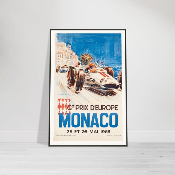 Monaco Grand Prix 1963 Vintage Car Racing Poster Formula One Reproduction Print Monte Carlo Casino French Riviera Free Shipping Included